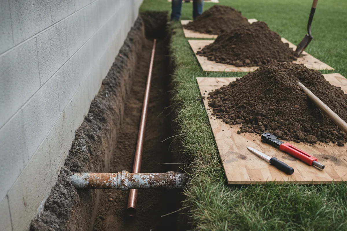 Excavated water line trench during Sewer Line Repair in Loma Linda
